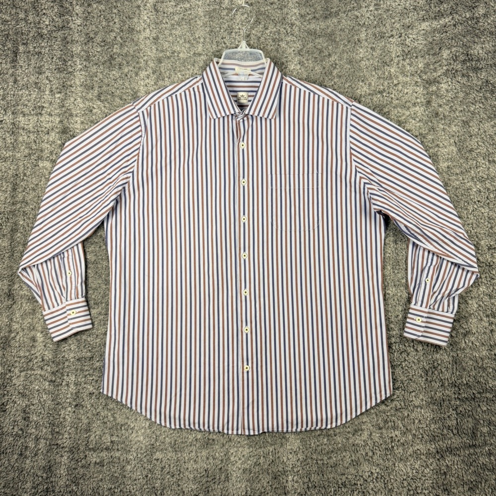 Peter Millar Mens' XL Button Down Shirt Blue Brown Striped Cotton Work Casual - Picture 2 of 11